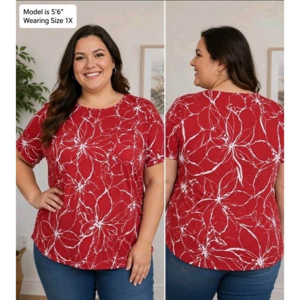 NWOT LIZ CLAIBORNE Womens 1X Linen-Blend Floral Tropical Hawaiian Pocket Red Top